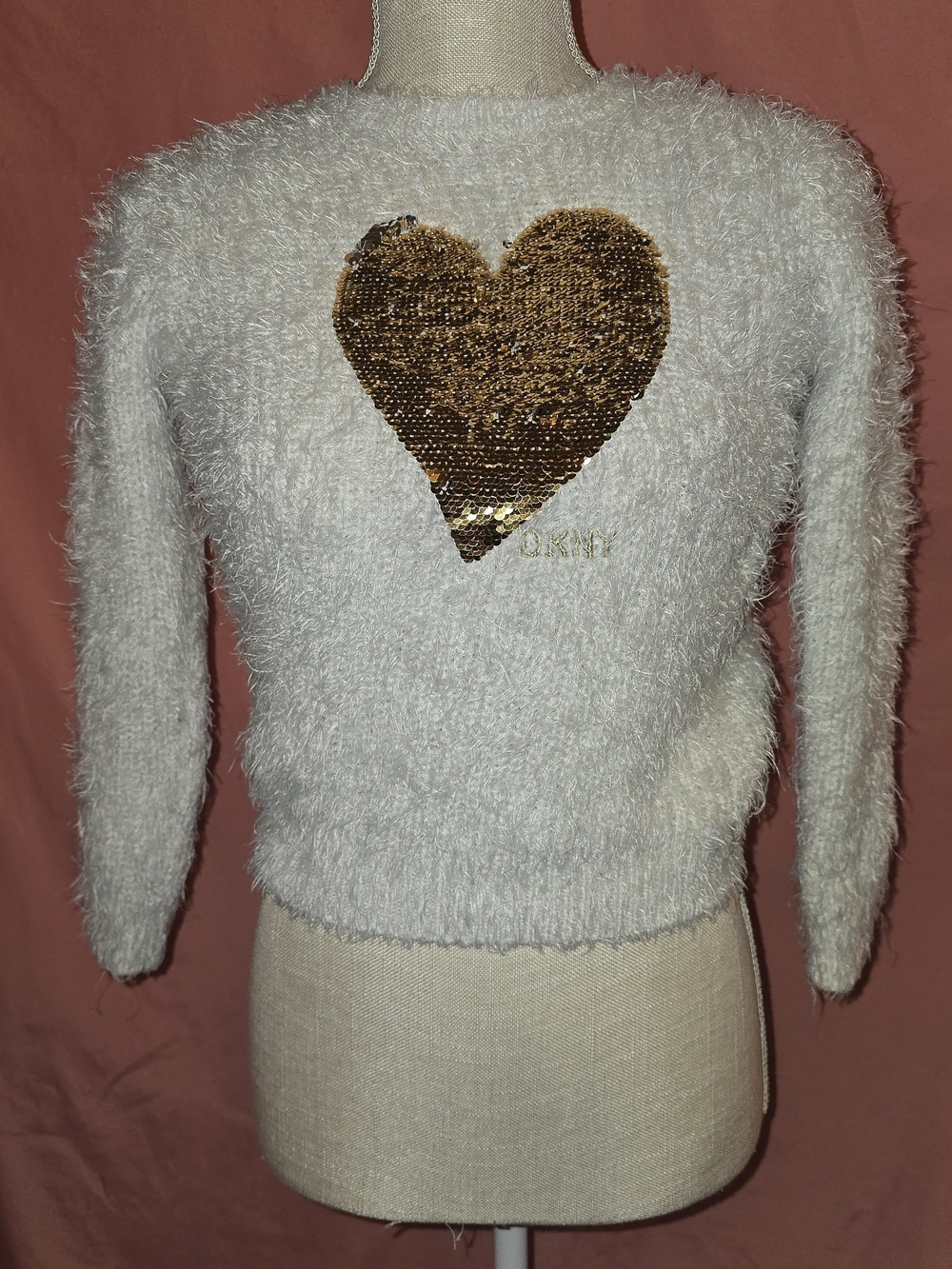 DKNY Cream Fuzzy Sweater with Gold Sequin Heart Size 6 Teen
